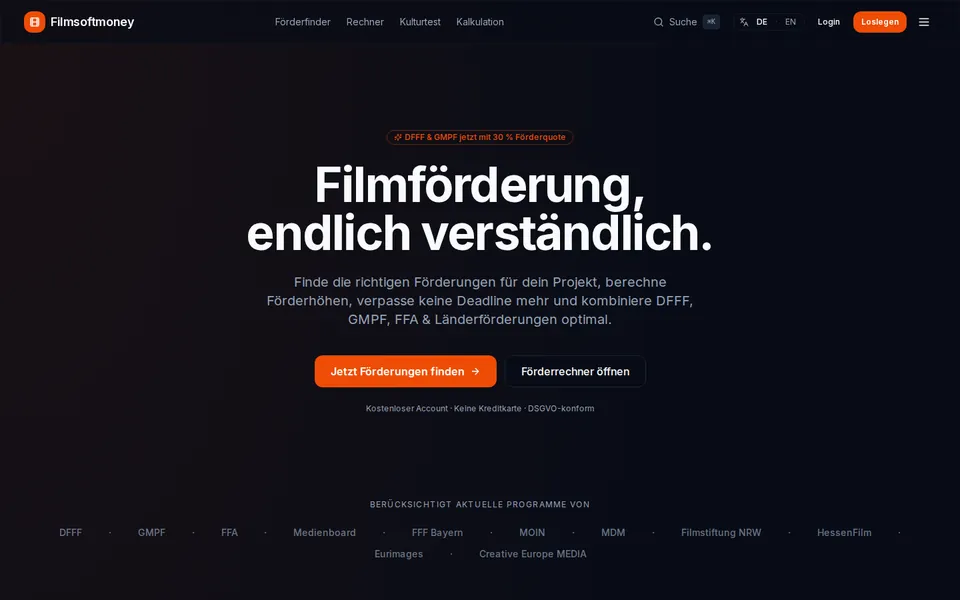 Homepage of filmsoftmoney.de